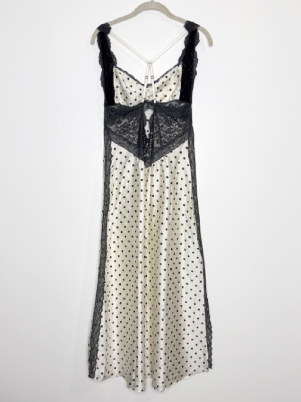 timately Free People Satin Polka Dot Lace Maxi Slip Dress Ivory Black Coquette - Picture 8 of 11